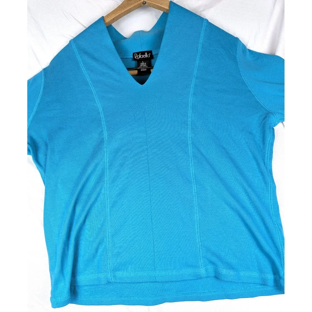 Rafaella Womens Large Turquoise Blue V-Neck Long Sleeve Ribbed Cotton Top